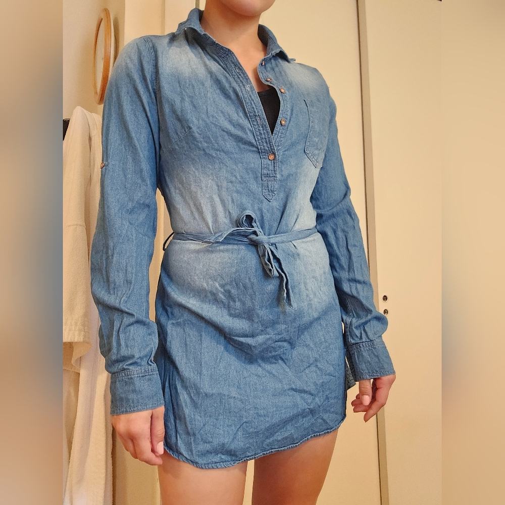 Ci Sono Blue Organic Cotton Denim Long Sleeve Button Dress Medium